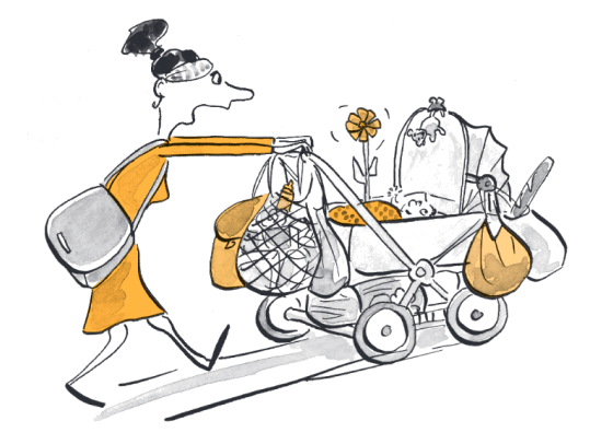 Vollgepackter Kinderwagen.