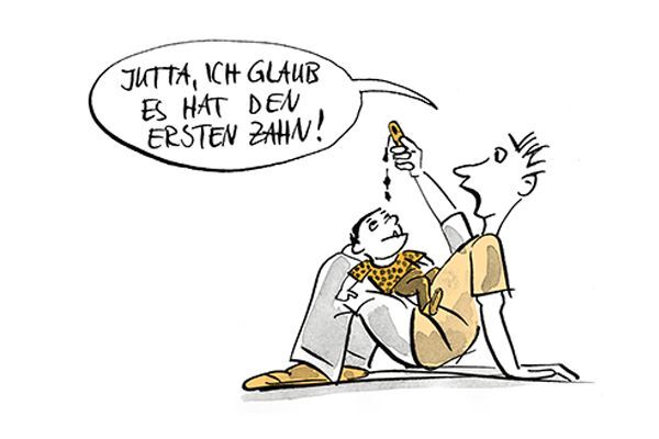 Illustration Vater bemerkt den ersten Zahn beim Kind.