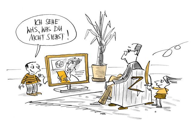 Illustration Kinder spielen dem Vater einen Streich.