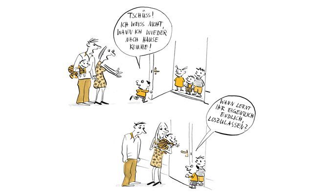 Illustration Kind verabschiedet sich von Eltern