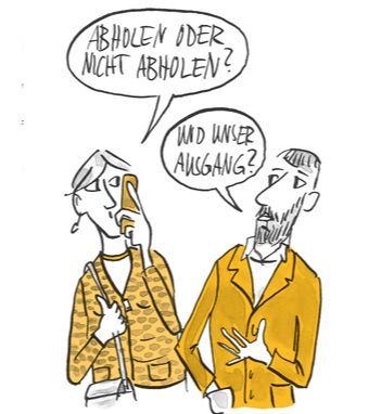 Illustration Eltern überlegen sich ob Sie ihr Kind abholen sollen