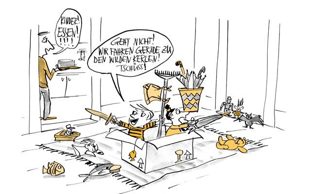 Illustration Kinder spielen mit Fantasie in einer Kartonbox