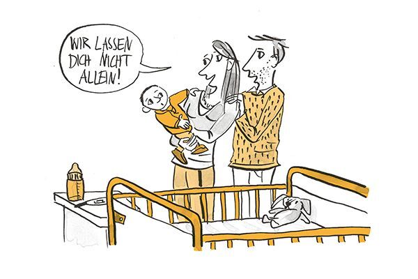 Illustration Eltern sorgen sich um krankes Kind.