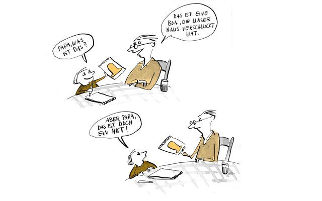 Illustration Vater versucht die Zeichnung des Kindes zu erraten