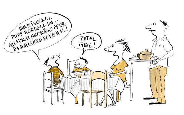 Illustration Sohn überrascht die Eltern am Esstisch 