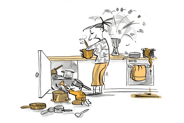 Illustration Kind spielt in der Küche während die Mutter kocht.