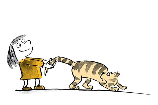 Un enfant tire la queue d'un chat 