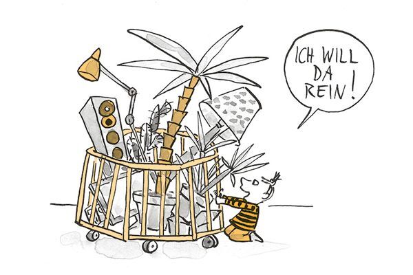 Illustration Kind will ins Laufgitter hinein.