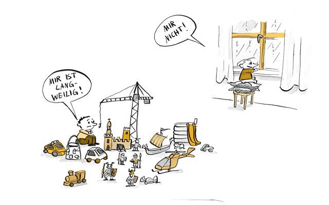 Illustration Kind hat Langeweile mit den gleichen Spielzeugen