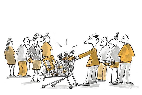 Illustration Kind schreit im Einkaufswagen.