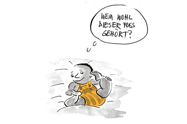 Illustration Das Baby entdeckt den eigenen Fuss.
