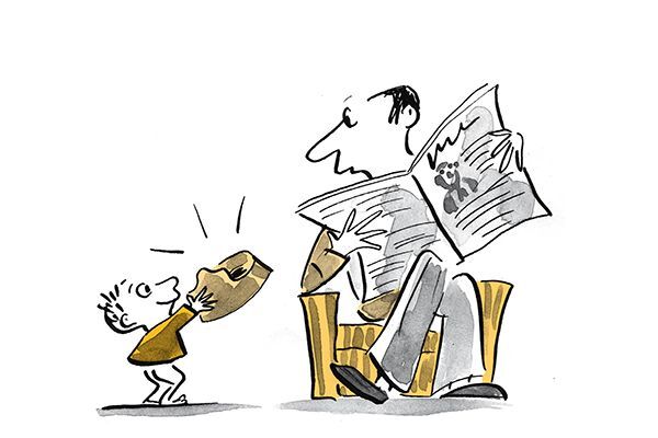 Illustrazione il bambino dà la pentola al padre