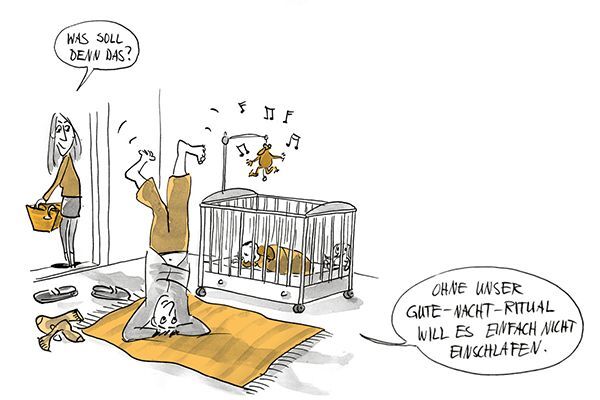 Illustration Der Vater macht den Handstand als Gute-Nacht-Ritual.