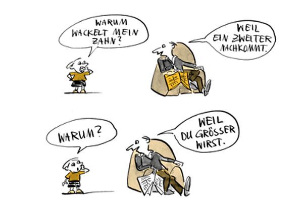 Illustration Kind fragt Vater warum sein Zahn wackelt