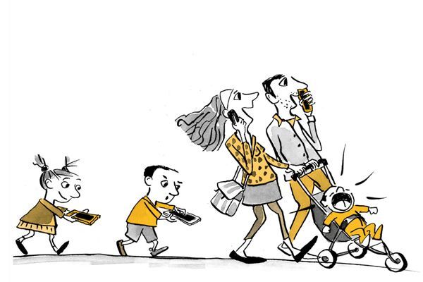 Illustration Eltern und Kinder sind alle mit Natel unterwegs