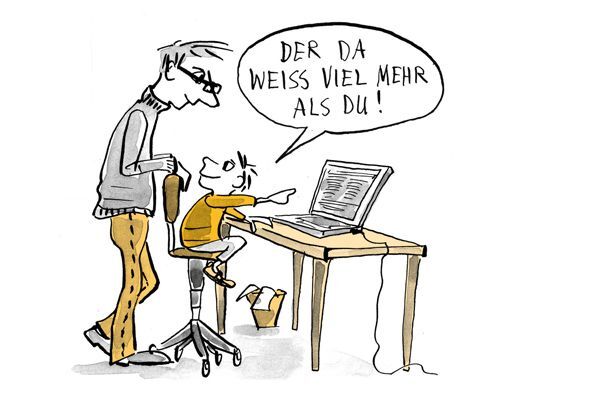 Illustration Kind sagt, dass der Computer mehr weiss als der Vater