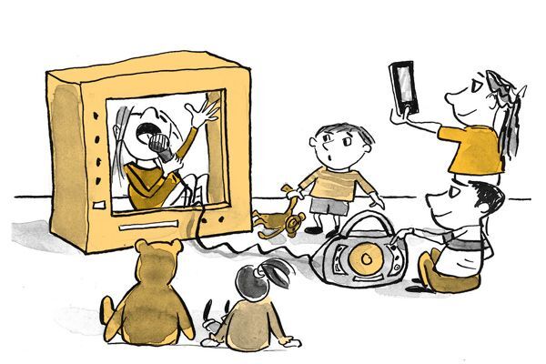 Illustration Mädchen performt in einer "TV-Box" vor anderen Kindern