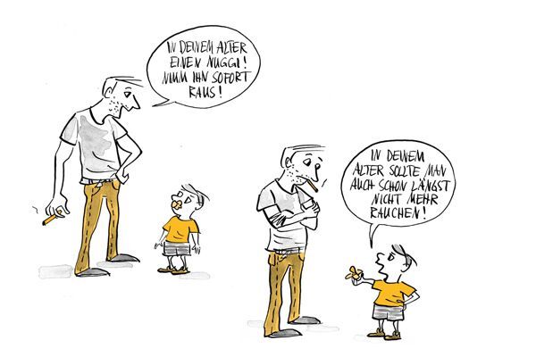Illustration Vater sagt Kind er soll Nuggi rausnehmen