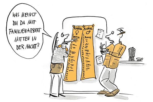 Illustration Mutter und Vater besprechen die Arbeitsteilung.