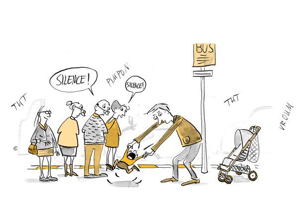 Illustration Des passants demandent le silence à un enfant