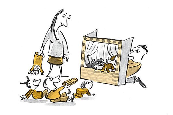 Illustrazione Un padre intrattiene i bambini con le marionette