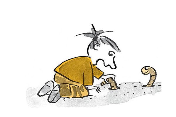 Illustrazione Un bambino afferra un verme nella terra