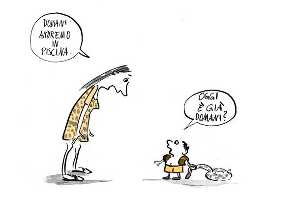 Illustrazione Il bambino chiede alla mamma se oggi è già “domani”.
