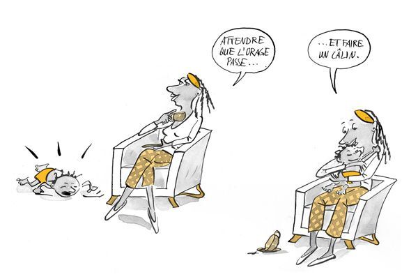 Illustration La mère boit du thé pendant que son enfant pleure