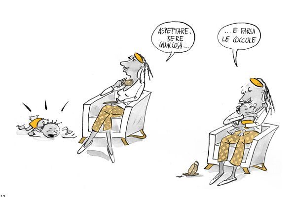 Illustrazione La madre beve il tè mentre il figlio piange