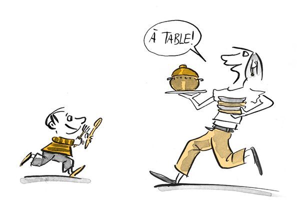 Illustration Une mère appelle son enfant à manger