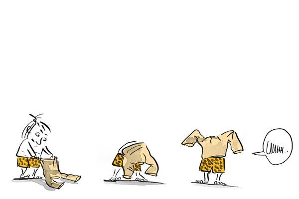 Illustrazione Il bambino indossa un maglione in modo indipendente
