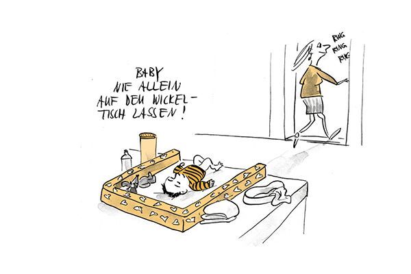 Illustration Das Baby soll man nie allein auf dem Wickeltisch lassen.