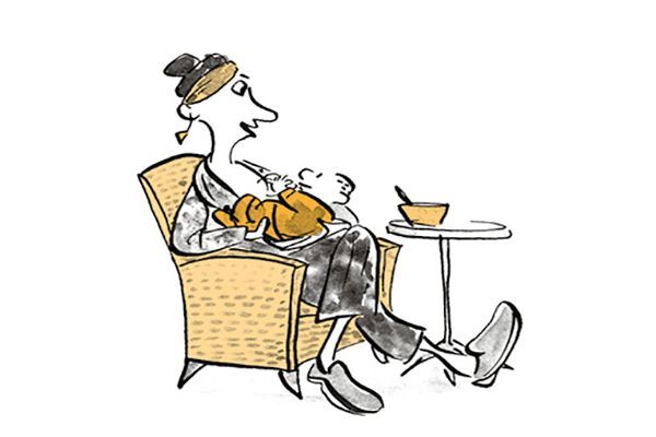 Illustration Eine Mutter sitzt im Sessel mit ihrem Kind im Arm.