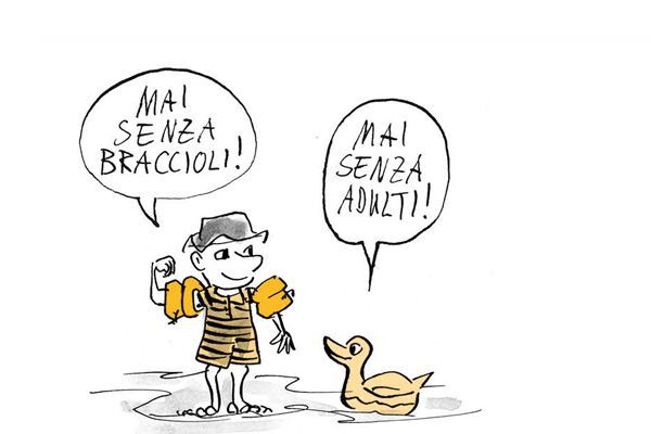 Il bambino parla con l'anatra 