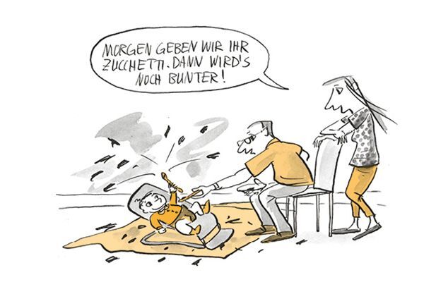 Illustration Vater gibt dem Kind Brei.