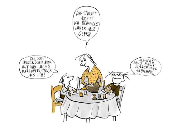 Illustration Kind findet dass Mutter das Essen ungerecht aufteilt