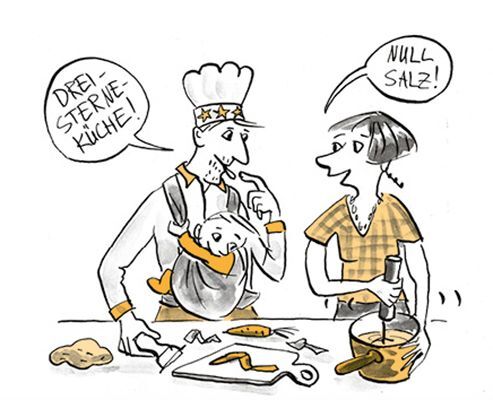 Illustration Eltern bereiten Brei vor für das Kind.