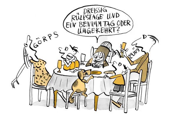 Illustration Mutter rülpst am Esstisch