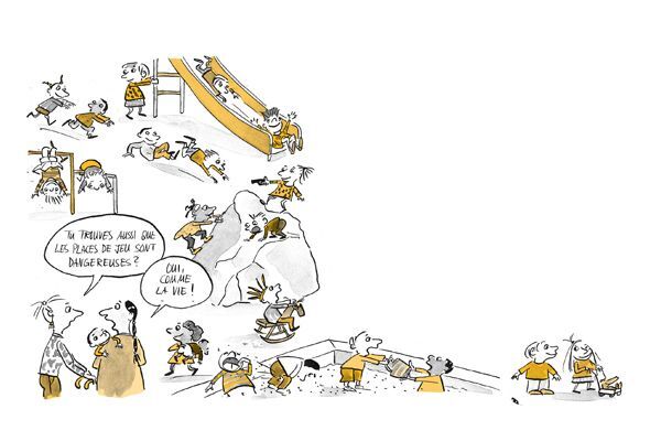 Illustration Aire de jeux avec beaucoup d'enfants qui jouent et deux parents qui parlent entre eux 