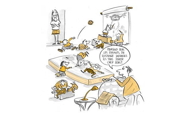 Illustration Une pièce remplie d'enfants qui jouent et de deux adultes qui les observent. 