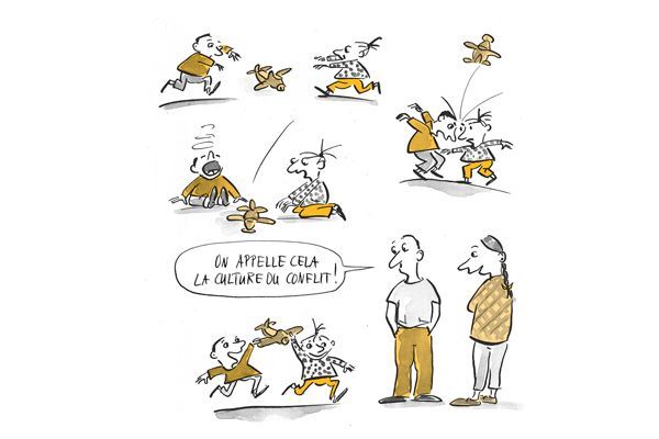 Illustration Les enfants se disputent, puis jouent à nouveau ensemble. Les parents observent