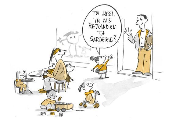 Illustration Les enfants font de la peinture. Une femme s'assied à une table avec les enfants. Un homme se tient près de la porte