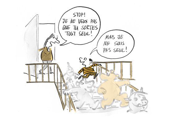 Illustration L'enfant sort avec des personnages imaginaires