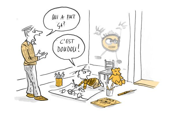 Illustration Père demande qui a fait le dessin sur le mur