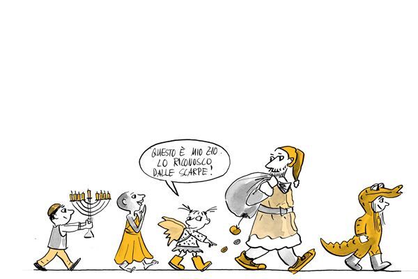Illustrazione I bambini riconoscono il loro padrino dalle scarpe