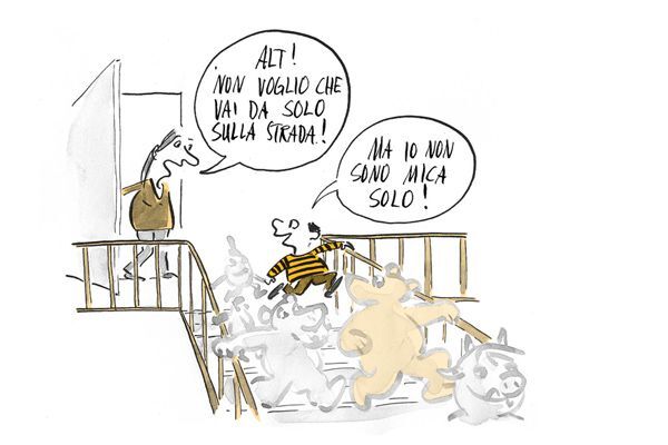 Illustrazione Il bambino esce con personaggi immaginari