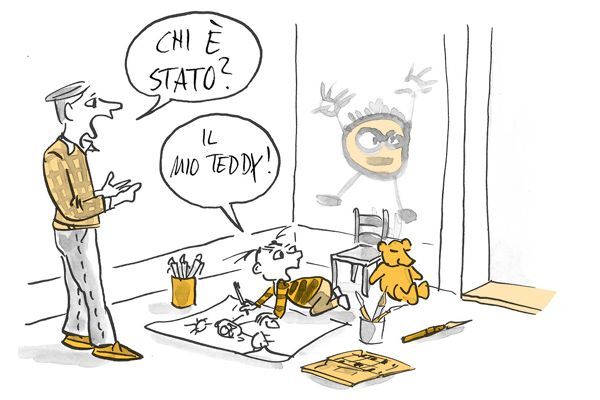 Illustrazione Il padre chiede chi ha disegnato il quadro sul muro.