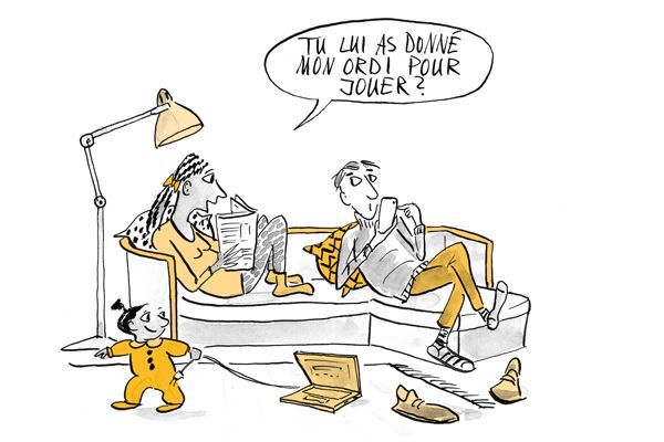 Illustration La mère lit, le père est sur son téléphone portable et l'enfant joue par terre.