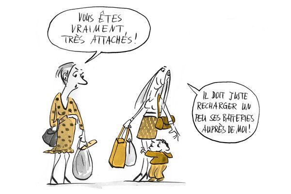 Illustration Deux femmes avec des huttes. L'enfant enlace les jambes de la femme de droite. 
