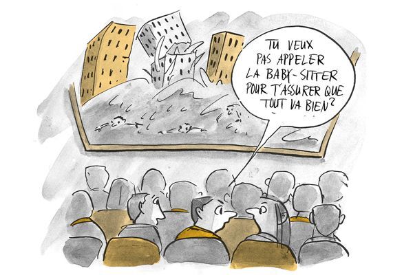 Illustration Un groupe de personnes regarde une photo de gratte-ciel. Deux personnes se parlent 